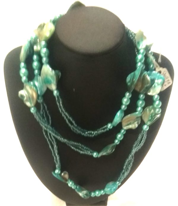 Freshwater dyed blue pearls, shell and beads necklace