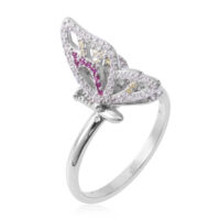 Simulated Ruby (Rnd), Simulated Diamond and Simulated Citrine Butterfly Ring in Rhodium Overlay Sterling Silver