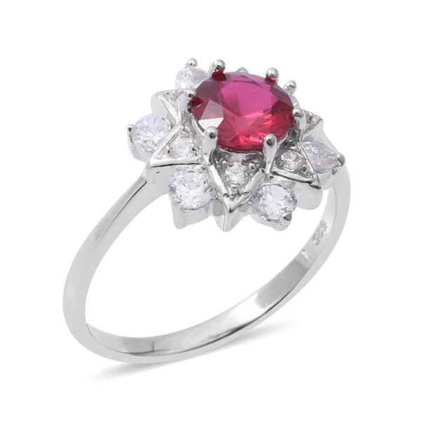 Simulated Ruby (Rnd),Simulated Diamond Ring in Rhodium Overlay Sterling Silver